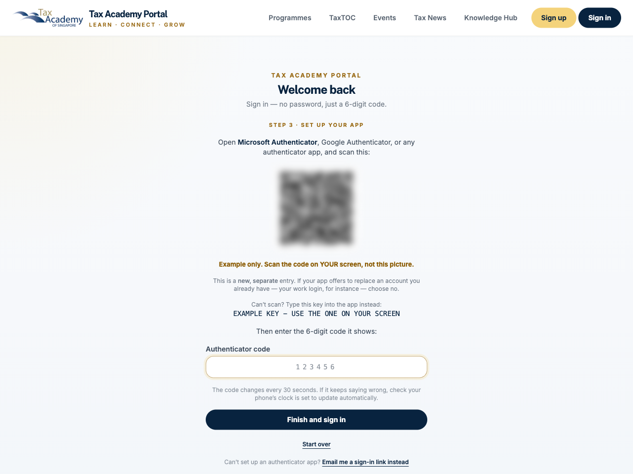 Screenshot: First time only: add Tax Academy to an authenticator app